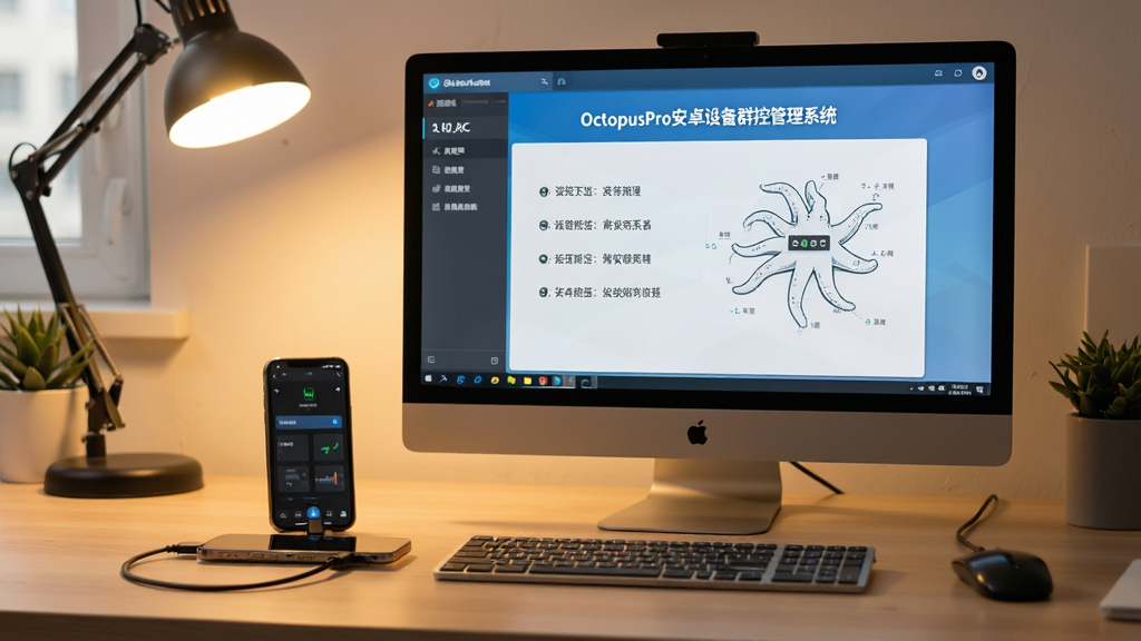 չʾ��OctopusPro��׿�豸Ⱥ�ع���ϵͳ��ʹ�ý̳̳�����������Ļ��ʾ����ָ�����Ա����ֻ�����USB�ߣ�����Ϊ����칫����ůɫ����������Ӱ��񣬻����������޶���Ԫ��