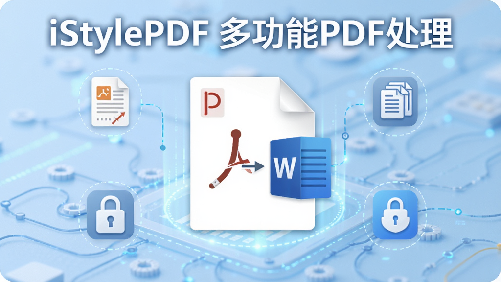 iStylePDF��������չʾͼ������������ʾһ��PDF�ļ����ڱ�ת��ΪWord�ĵ�����Χ�����Ÿ�ʽת����ҳ����������ܱ�����ͼ�꣬����Ϊ����ɫ�Ƽ�����ƣ����ֱ�ע��iStylePDF �๦��PDF���������������������ֺ���