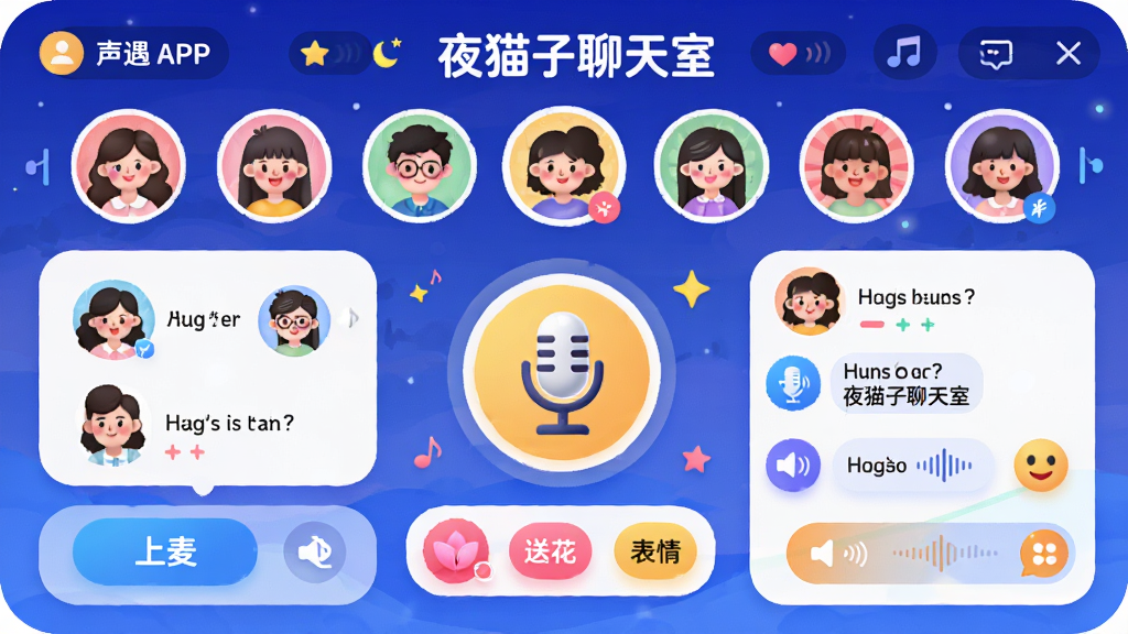 ���壺����APP�������ɶԷ�����棬������ʾ�������⡰ҹè�������ҡ����·����ж���û�ͷ�񣻲��֣�������������˷�ͼ�꣬��Χ���û��б���������Ϣ���Ű棺��Ƭʽ���֣�Բ����ƣ�ɫ�ʻ��ã�����������죬�廭�磻ϸ�ڣ��С����󡱡����ͻ����������顱�Ȱ�ť�����������������������ʣ����壬�ɾ����޶���Ԫ��