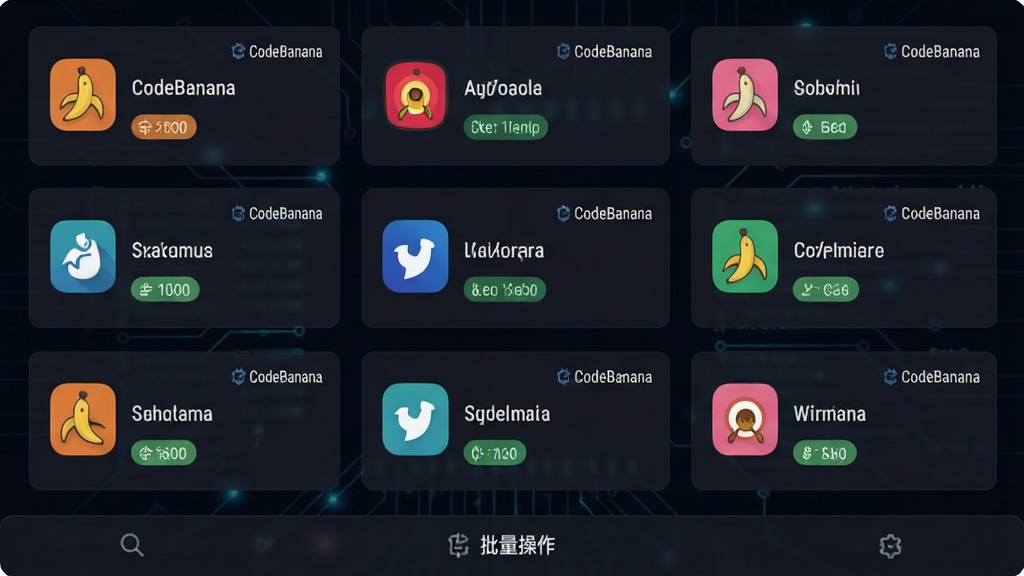 ���壺CodeBanana�������˺ž���������棬չʾ����罻ý��ƽ̨���˺ſ�Ƭ�����֣����񲼾֣�ÿ����Ƭ��ʾƽ̨ͼ�ꡢ�˺����ƺͷ���״̬���Ű棺��Ƭʽ��ƣ�״̬��ǩ�����ɼ�����񣺿Ƽ��У���ɫ��������ɫƽ̨ͼ�ꡣϸ�ڣ���Ƭ���Ͻ��С�CodeBanana����ʶ���ײ��С����������������������ʣ����壬�ɾ����޶���Ԫ�ء�