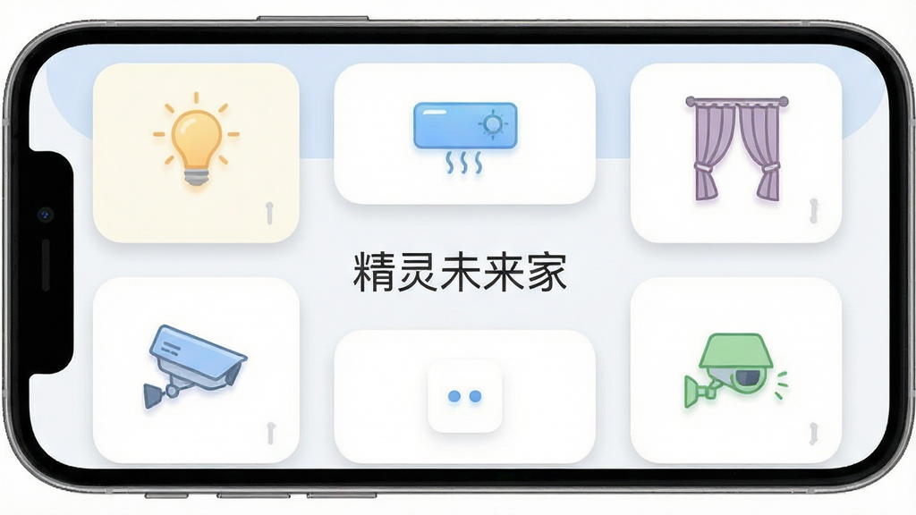 һ��չʾ����δ����APP������ĸ����ͼ������Ϊ�ֻ���Ļ�ڵ����ܼҾӿ�����壬���ֲ��ÿ�Ƭʽ���У������ƹ⡢�յ�����������ص�ģ��ͼ�꣬������ִ���ϸ�ڲ���ͻ��Բ�ǿ�Ƭ�������Ӱ�����������ɾ����޶���Ԫ�أ���Ļ������ʾ������δ���ҡ�����