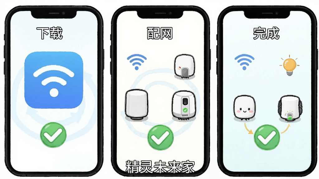 չʾ����δ����App��װ�����õĽ̳̲�ͼ������Ϊ�ֻ��������ܼҾ��豸�Ĳ���ʾ��ͼ�����ַ�Ϊ���������ء���������ɣ����ͨ��࣬ϸ�ڰ���WiFiͼ��ͶԹ����ţ������������޶���Ԫ�أ�ͼƬ�ײ���ע������δ���ҡ�