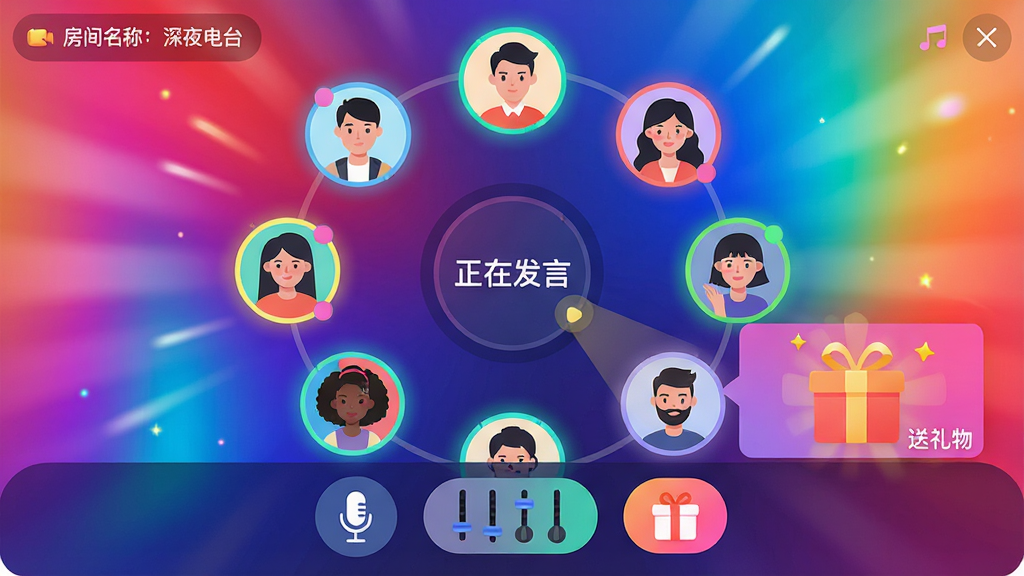 ���壺С����App�������ɶԷ�����棬��λ�û�ͷ��Χ��һȦ�������С����ڷ��ԡ��ı�ʶ�����֣���������ͷ�񣬵ײ�����˷硢����̨�����ﰴť���Ű棺���ı�ƽ����ƣ�ͷ�����ɫ��Ȧ��ʾ����״̬����񣺻������䣬ɫ�������������Ƕ�̬�Ľ����Ч��ϸ�ڣ�������ʾ���������ƣ���ҹ��̨������������������Ķ���Ч�������ʣ�����ϸ�壬�޶���Ԫ�ء�
