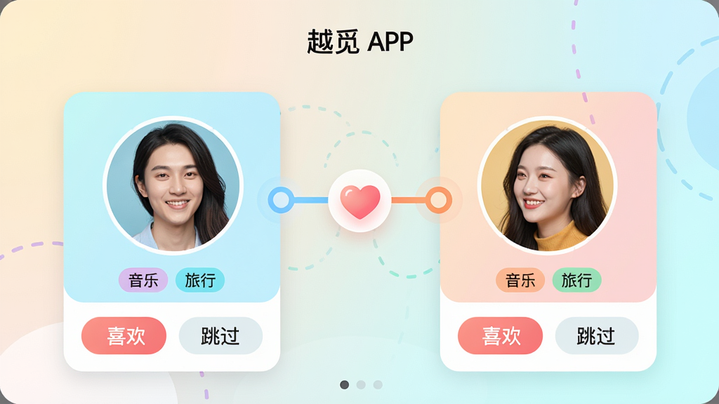 ���壺Խ��APP��ƥ����棬չʾ�����û�ͷ���໥�����Ķ��������֣����Ҹ�һ���û���Ƭ���м������߻�����ͼ�����ӡ��Ű棺��Ƭʽ���֣��·��С�ϲ�����͡���������ť��������»��ã�ɫ����ͣ�����Ϊǳɫ���䡣ϸ�ڣ�ͷ����������ǩ���硰���֡������С�����ʾ�ڿ�Ƭ�·�������ɾ����ࡣ���ʣ����壬�޶���Ԫ�ء�