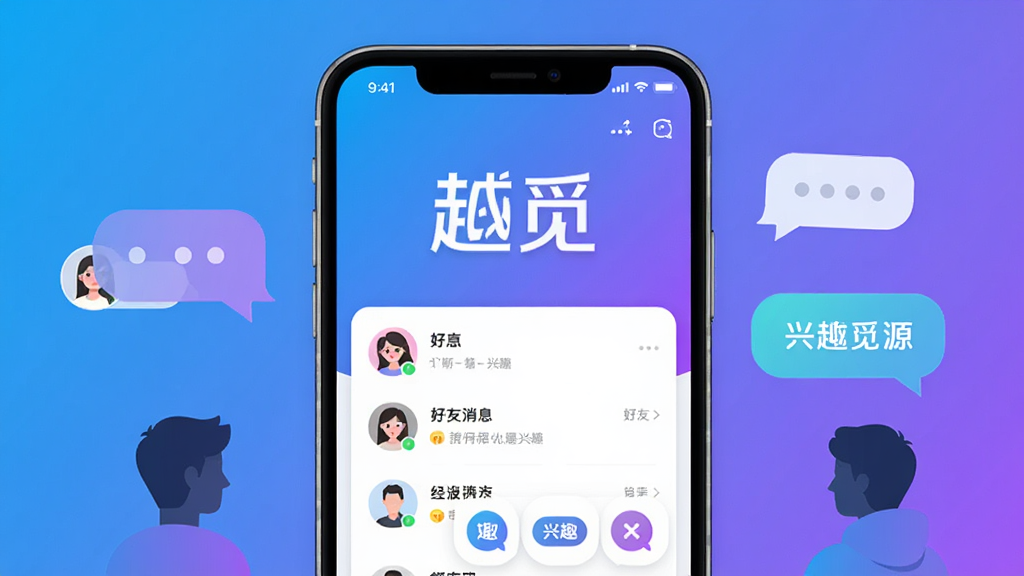 ���壺Խ��APP����������������棬չʾ���罻���ԡ����֣��ֻ���Ļ����չʾ������Ϊ����ɫ��ǰ�����������ݺ������Ӱ���Ű棺���������ͻ����Խ�١�����Logo������ִ���ƽ����ɫ�����죬�������Ͻ�����ɫ����ϸ�ڣ�����Ԫ�ذ�������ͷ����Ϣ�б�����Ȥ��ǩͼ�꣬����ɾ������ࡣ���ʣ�������Ⱦ���ɾ��޶���Ԫ�ء�