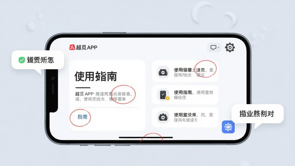 ���壺һ���ֻ�����չʾԽ��APP�ġ�ʹ��ָ�ϡ����棬�Ա��жԹ�������ͼ�ꡣ���֣��ֻ�λ�ڻ������룬��Χ����������ʾ���ݡ��Ű棺ͼ�Ľ�ϣ���������Ҳ�ͼ������񣺼������磬����Ϊǳ������ϸ�ڣ��ص㲿���ú�ɫȦ��������ɾ�רҵ�����ʣ����壬�޶���Ԫ�ء�