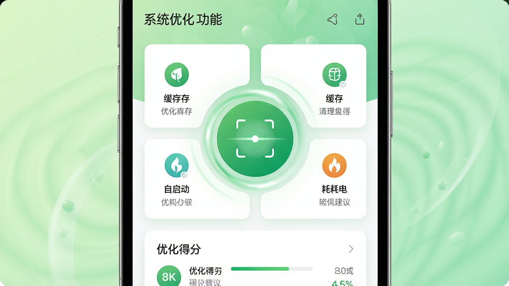 ���壺С�����֡�ϵͳ�Ż������ܽ��棬�ֻ���Ļ��ʾ����ɨ�趯�����Ż������б������֣���������ΪԲ��ɨ�谴ť����Χ���ƻ��桢���������ĵ���Ż���·���ʾ�Ż��÷֣��Ű棺��Ƭʽ���֣�ɫ������ɫ�Ͱ�ɫΪ�������ֻ������Ч����񣺻��������¡�רҵ��ϸ�ڣ�ɨ�趯���������Ż�������ͼ����������չʾ������Ϊ����ɫ���䣻���ʣ�8K�����壬�ɾ����޶���Ԫ��