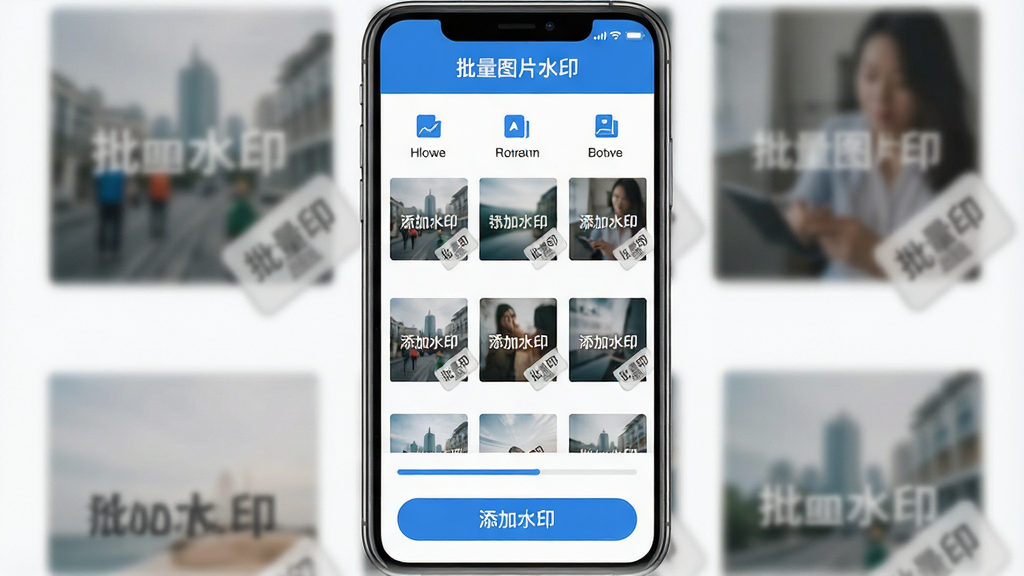 ���壺������ͼƬˮӡ���������棬�ֻ���Ļ��������ʾ����ͼƬ���ڱ�ͳһ����ˮӡ�� ���֣����й�ͼ��������չʾͼƬ�б����ײ�����Ŀ�ġ�����ˮӡ����ť�� �Ű棺�����࣬ͼ�������ֱ�ǩ�������룬�Ϸ���ʾ�������ơ�����ͼƬˮӡ���� ����ִ���ƽ����ƣ�ɫ��������Ϊ��������רҵ�� ϸ�ڣ�ͼƬ����ͼ���½Ǵ��а�͸����ˮӡЧ���������н�������ʾ�������ȡ� ���ʣ����壬�ɾ����޶���Ԫ�ء�