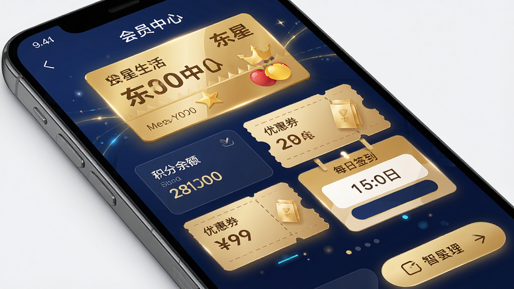 ��������Ϊ�ֻ���Ļ��չʾ��������APP�ġ���Ա���ġ�ҳ�棬ҳ�涥���н�ɫ��Ա����ʽ���·�չʾ�������������Ż�ȯ������ÿ��ǩ������ģ�顣���岼�ֲ��ÿ�Ƭʽ��ƣ���ɫ��Ϊ��ɫ������ɫ����������Ҿ��пƼ��С�ϸ����ͻ����ԱȨ��ķḻ�Ժͽ��潻���������У����ʸɾ����޶���Ԫ�ء�