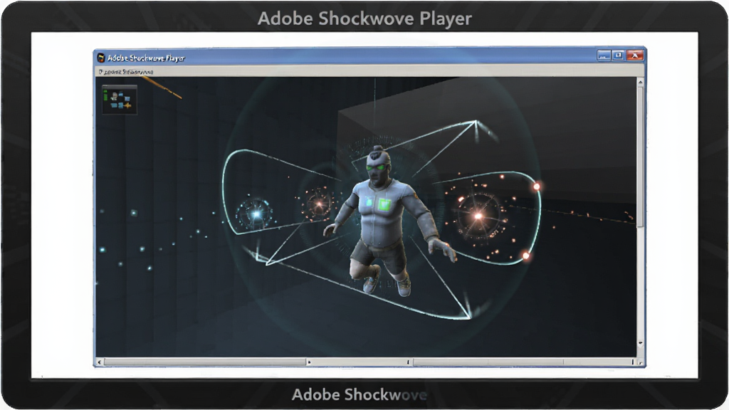 主体为电脑屏幕中展示3D交互式游戏画面,屏幕周围有“Adobe Shockwave Player”字样,布局为屏幕居中,四周留白,风格为科技感插画,细节包含光影反射和粒子特效,画质高清,干净无多余元素