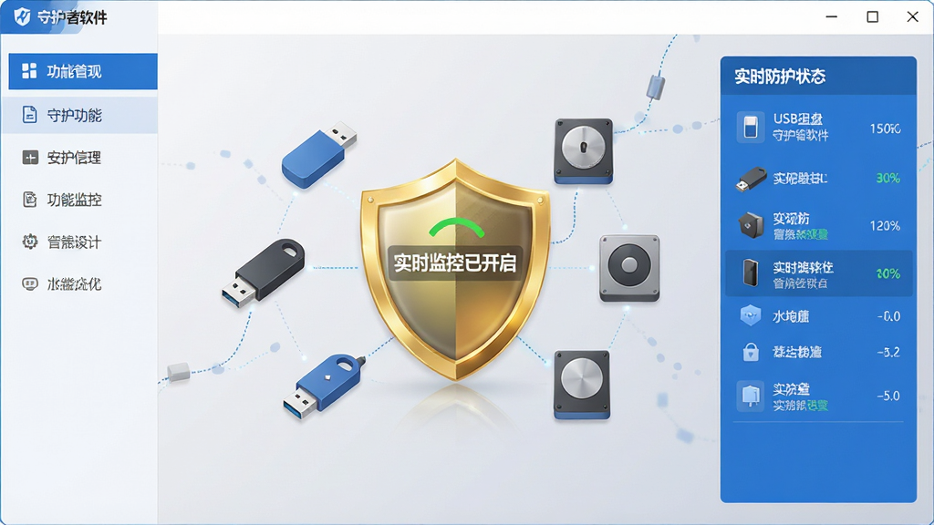 ���壺USB�������ػ��������Ľ���չʾ��һ������ͼ��λ����Ļ���룬��Χ������U�̡��ƶ�Ӳ�̵��豸ͼ�ꡣ���֣����������������Ϊ���ܲ˵������Ҳ�Ϊʵʱ����״̬��塣�Ű棺���ñ�ƽ����Ʒ��ɫ������ɫ�Ͱ�ɫΪ���������Ӿ���ˬרҵ��ϸ�ڣ�����ͼ����н�ɫ���󣬽�������ʾ��ʵʱ����ѿ���������������Ϊǳ��ɫ���䡣���ʣ����塢�ɾ����޶���Ԫ��