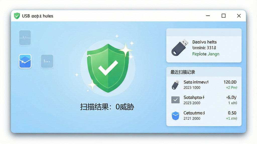 ���壺USB�������ػ��������ڵ��������еĽ�ͼ����ʾɨ����ɺ�İ�ȫ״̬���档���֣���Ļ������ʾ��ɫ����ͼ�꣬�·��С�ɨ������0��в�����֣��Ҳ�ΪU����Ϣ�����ɨ���¼���Ű棺�����Ǳ��̷�񣬱���Ϊǳ��ɫ���䡣����ִ��Ƽ��У���ƽ��ͼ�꣬ɫ��������ϸ�ڣ�����ͼ���������Ч���������Ե����΢��Ӱ�����ʣ����塢�ɾ����޶���Ԫ��