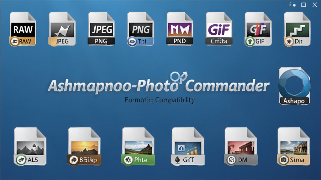 一张展示“Ashampoo Photo Commander”格式兼容性的界面,画面中排列着各种图像格式的图标,包括RAW、JPEG、PNG、GIF等,背景为渐变蓝色,中心位置显示软件名称,整体设计简洁大方,画质清晰,突出多格式支持的特点。