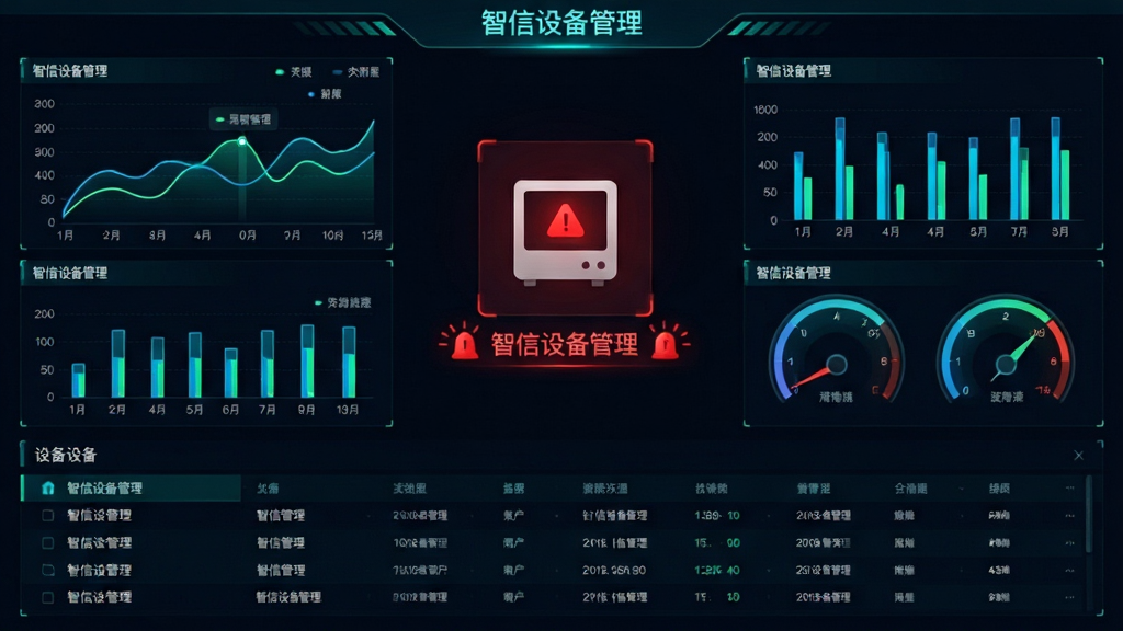 主体:软件运行时的数据监控大屏,展示折线图、柱状图和仪表盘,中央显示一台红色告警的设备图标;布局:图表分布在屏幕上方,设备列表在下方;排版:数据标签清晰,告警信息用红色高亮;风格:深色背景搭配霓虹蓝绿色数据线条,科技感强;细节:图表中标注“智信设备管理”字样,告警提示带有闪烁效果;画质:高对比度,干净,无多余元素。