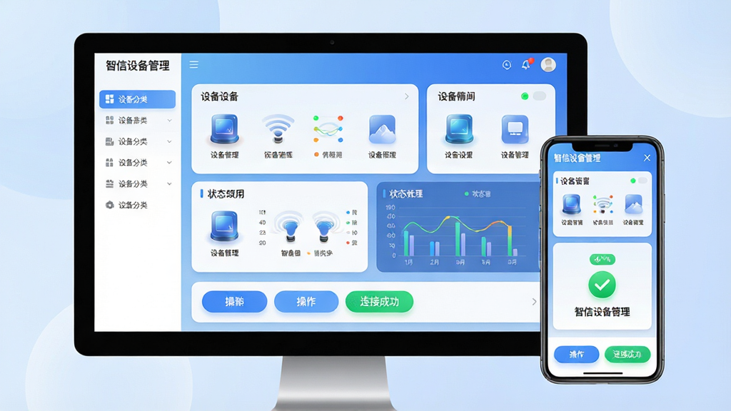 主体:一款名为“智信设备管理”的软件界面展示在电脑屏幕和手机屏幕上,屏幕中显示设备列表、状态图表和连接成功的绿色标识;布局:左侧为设备分类导航栏,右侧为详细的设备信息卡片,下方为操作按钮区域;排版:清晰的分栏式布局,主次分明,信息层级一目了然;风格:现代科技感,带有轻微的蓝色渐变背景,界面元素圆润;细节:设备图标带有微小的光泽效果,状态指示灯清晰可见,文字标签标注“智信设备管理”字样;画质:高清渲染,干净,无多余元素。