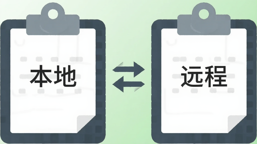 画面主体为两块并排的剪贴板图标,左侧剪贴板上有“本地”标签,右侧剪贴板上有“远程”标签,两板之间有一个双向箭头连接,背景为浅绿色渐变,整体采用扁平化风格,布局居中,画质干净,无多余元素