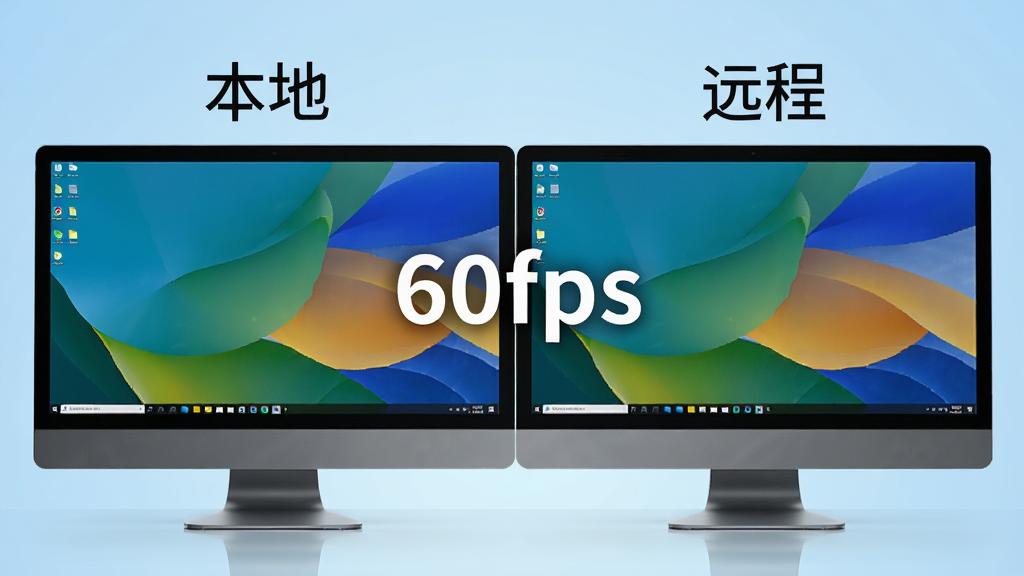 画面主体为两台显示器并排显示相同桌面的场景,左侧显示器标注“本地”,右侧显示器标注“远程”,画面中央有“60fps”字样,背景为浅蓝色渐变,整体采用写实风格,布局对称,画质细腻,无多余元素