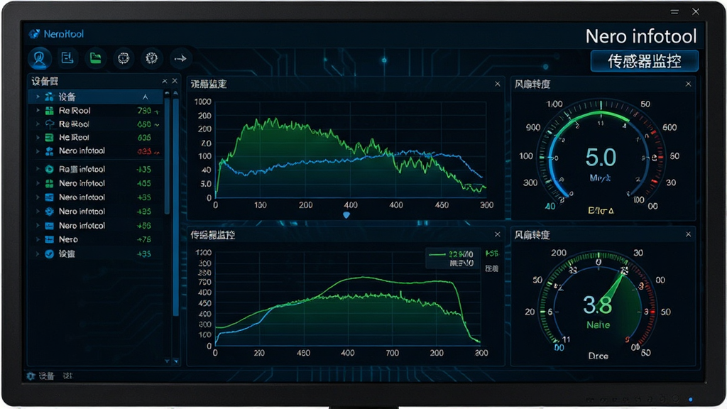 ���壺һ̨������Ļ��ʾNero infotool�Ĵ�������ؽ��棬���¶�����ͼ�ͷ���ת�ٱ������֣�����ռ��������Ļ������Ϊ��ɫ���Ű棺ͼ������������ʵʱ������������豸�б�����񣺿Ƽ��з��ɫ������ɫ����ɫΪ����ϸ�ڣ���Ļ���Ͻ���ʾ��Nero infotool���������·��С���������ء���ǩ�����ʣ����壬�޶���Ԫ�أ�����ɾ����ࡣ
