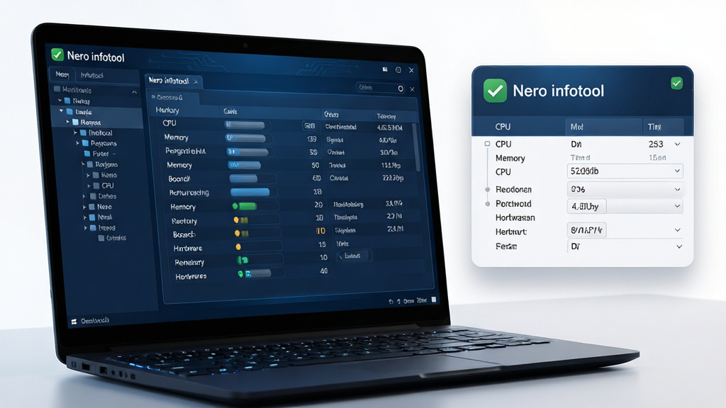 ���壺һ̨�򿪵ıʼǱ�������Ļ��ʾNero infotool�������棬����������չʾCPU���ڴ桢�����Ӳ�������б������֣�����λ�ڻ�������ƫ���Ҳ�����������ʾ�Ŵ��ϵͳժҪ��Ƭ���Ű棺�����������ɫ�Ƽ������⣬���Ϊ��״�˵����Ҳ�Ϊ��ϸ���ݱ��񣻷���ִ���ƽ����ƣ�������΢�����ʸУ������Χרҵ�ҳ��ȣ�ϸ�ڣ���Ļ�пɼ���Nero infotool����������ɫ�Թ�ͼ�꣬���̴���΢���ı��⣻���ʣ�8K��������Ⱦ��ϸ���������ɾ��޶���Ԫ�ء�