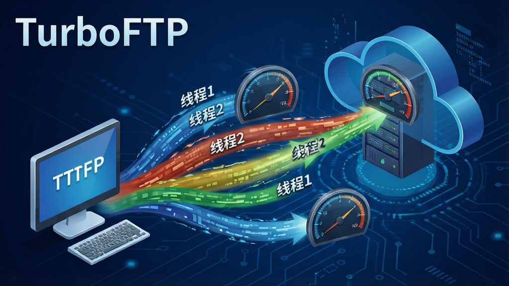 һ�Ŷ�̬ʾ��ͼ��չʾTurboFTP���̴߳�����̣������ж����ɫ�������ӱ��ص��������ƶ˷�������ÿ����������ע���߳�1�����߳�2�����������ٶ��Ǳ�����ʾ������ת������Ϊ����ɫ�Ƽ��з���������ơ�TurboFTP���������Ͻǣ����ʸ��壬�޶���Ԫ��