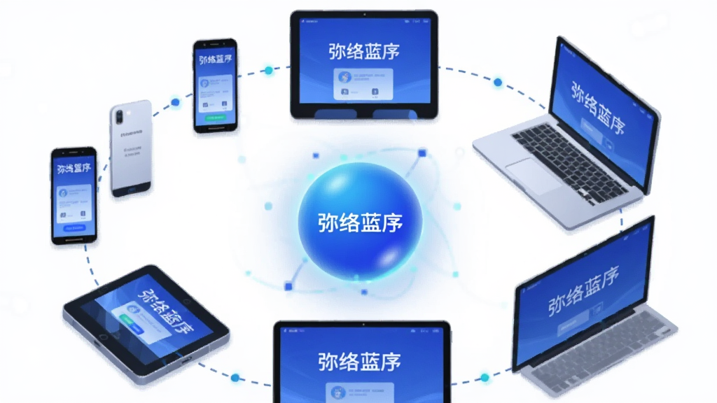 画面主体为多台设备(手机、平板、笔记本)围绕一个蓝色光球呈环形排列,每台设备屏幕都显示“弥络蓝序”界面。布局为对称环形构图,光球居中。风格为扁平化科技插画,细节包括设备间连接的虚线弧线和微小的数据节点。画质高,背景干净,无多余元素。