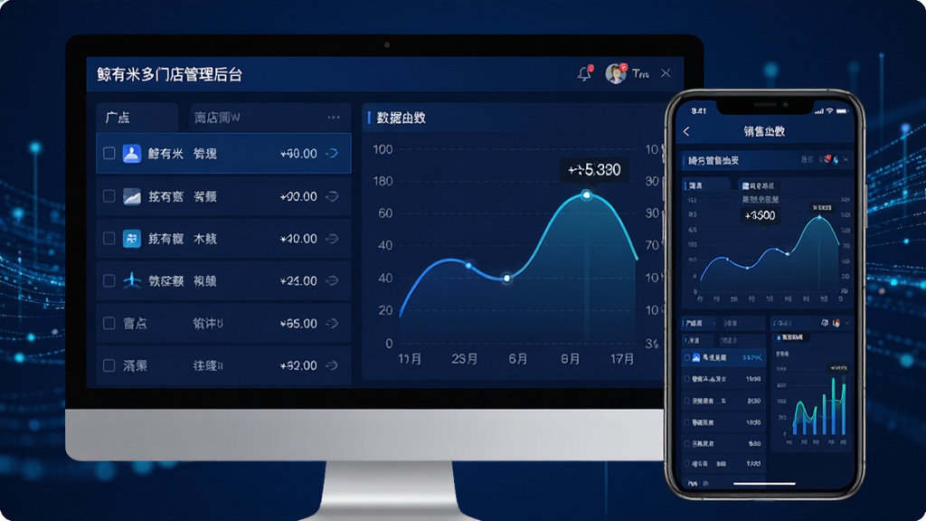 主体:电脑与手机并排显示鲸有米多门店管理后台,有门店列表和数据图表;布局:左侧为门店列表,右侧为销售曲线图,手机屏幕显示相同数据;排版:信息层级分明,图表清晰;风格:科技感,深蓝背景,白色文字;细节:门店名称和销售额突出,曲线图动态感,背景有数据流动线条;画质:高清,干净,无多余元素