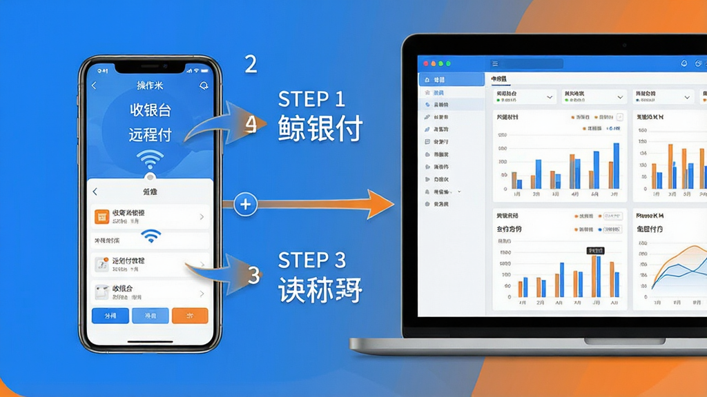主体:手机与电脑并排显示鲸有米使用教程,有箭头和操作步骤文字;布局:左侧为手机操作演示,右侧为电脑报表界面,中间有连接线;排版:步骤用数字标出,简洁明了;风格:教学风格,浅色背景,蓝色和橙色点缀;细节:手机屏幕有“收银台”“远程付”等字样,电脑屏幕有图表;画质:高清,干净,无多余元素