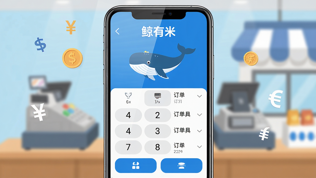 主体:一部智能手机屏幕显示鲸有米应用主界面,界面中有清晰的收银台数字键盘和订单列表;布局:手机居中,周围有简约的货币符号和店铺背景;排版:界面元素整齐排列,上方为“鲸有米”品牌字样,下方是功能按钮;风格:现代扁平化,色彩明快,蓝白主色调;细节:手机屏幕反光,界面图标精致,背景有模糊的店铺收银场景;画质:高清渲染,干净,无多余元素