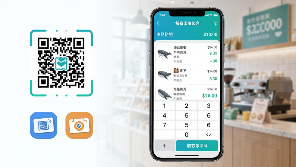 主体:手机横屏显示鲸有米收银台界面,有商品列表和金额汇总;布局:手机位于画面中央偏右,左侧有收款二维码和支付图标;排版:界面分为上下两区,上方为商品明细,下方为数字键盘和收款按钮;风格:写实与扁平结合,浅色背景,蓝绿色点缀;细节:数字键盘清晰,商品名称和价格可见,背景有模糊的店铺环境;画质:高清,干净,无多余元素