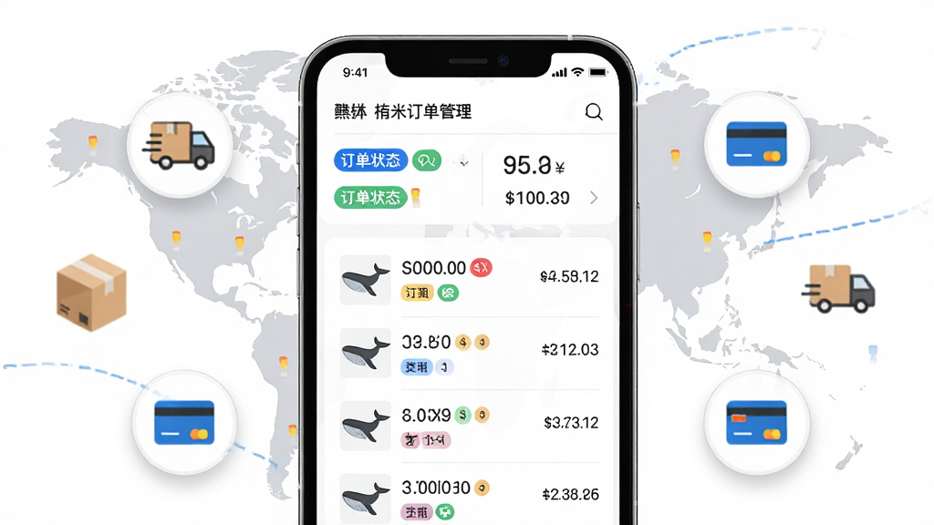 主体:一部手机显示鲸有米订单管理页面,有订单状态标签和金额统计;布局:手机居中,周围环绕着物流和支付图标;排版:页面顶部为统计概览,下方为订单列表,每行有商品缩略图和订单号;风格:商务简约,白色背景,蓝色强调;细节:订单状态用彩色标签区分,数字清晰,背景有世界地图暗纹;画质:高清渲染,干净,无多余元素