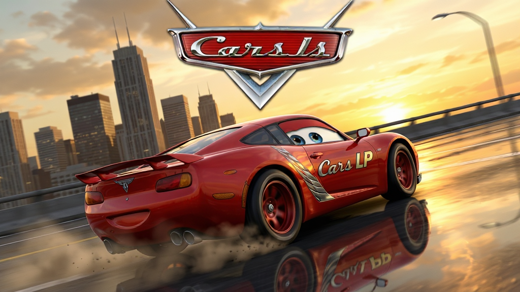 一张充满动感的《Cars LP》游戏宣传海报,主体为一辆红色超级跑车在夕阳下的城市高架桥上疾驰,车身有“Cars LP”字样,背景是高楼林立的城市天际线与金色晚霞,整体布局采用对角线构图,车头方向留出大面积天空,排版上文字标题位于画面上方居中,风格为写实数字绘,细节包括地面反射光、轮胎扬起的尘土、车窗反光,画质高清细腻,干净无多余元素。