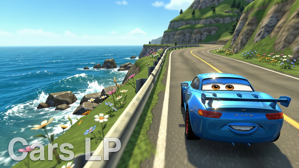 一幅《Cars LP》游戏截图风格图片,主体是一辆蓝色赛车行驶在沿海公路上,左侧是蔚蓝大海,右侧是翠绿山崖,画面布局采用三分法,主体位于画面右侧三分之一处,排版上在左下角添加“Cars LP”半透明水印,风格明亮清新,细节包括海浪拍打礁石、路边野花摇曳、车漆反射阳光,画质逼真,干净无多余元素。