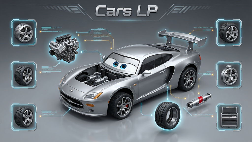 一张展示《Cars LP》改装界面的概念图,主体是一辆被拆解展示各部件的银色跑车,周围悬浮着引擎、轮胎、尾翼等零件图标,布局采用中央展示、四周环绕信息的方式,排版上在画面顶部居中显示“Cars LP”字样,风格科技感十足,细节包括零件高亮边缘、数据线条、金属质感,画质清晰,干净无多余元素。