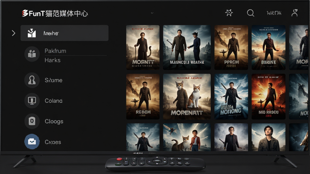 MoreFunTV猫范媒体中心主界面预览图,智能电视屏幕前摆放着遥控器,界面左侧为媒体库分类栏,右侧展示电影海报墙,深色背景,现代简约风格,排版清晰,画质细腻,干净无多余元素