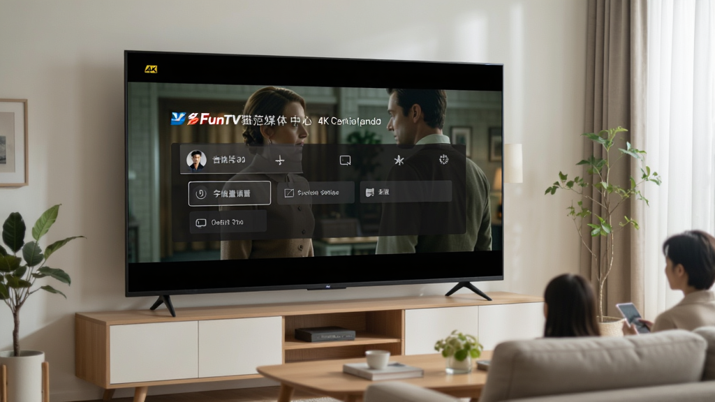 MoreFunTV猫范媒体中心播放4K高清电影画面,画面显示电影暂停菜单,包含音轨选择、字幕设置选项,背景为电影场景,电视屏幕前有家庭客厅环境,画质清晰,色调自然,干净无多余元素