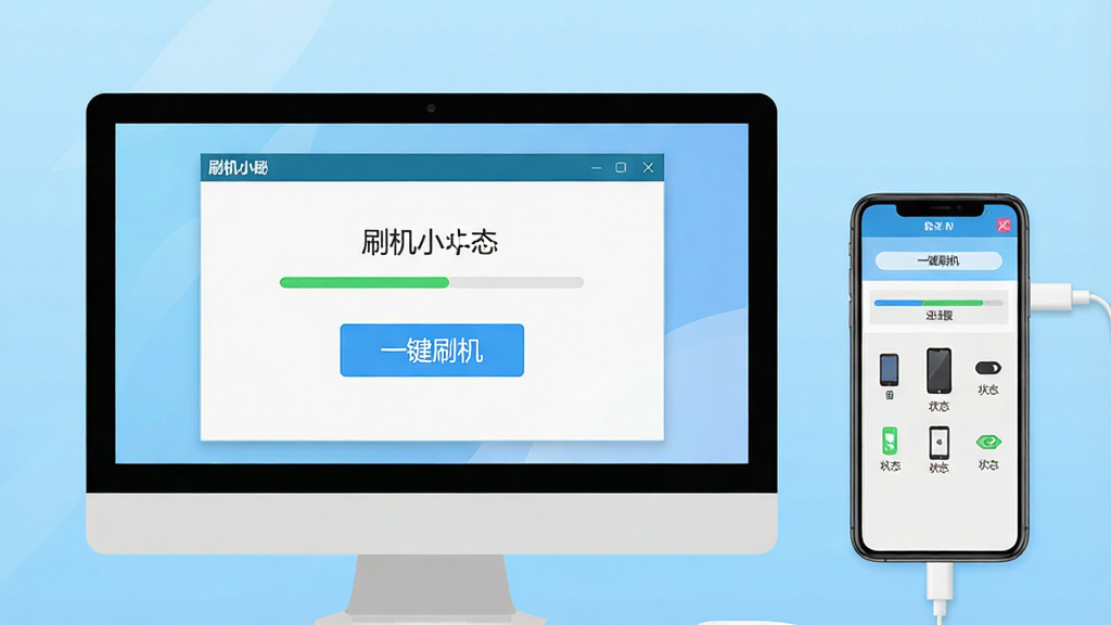 画面主体为一部智能手机与一台电脑相连,电脑屏幕显示“刷机小秘”软件界面,界面清晰展示“一键刷机”按钮。整体布局以电脑桌面为中心,手机放置在右侧,背景采用干净的浅蓝色渐变。排版风格扁平化,突出科技感与简洁感。细节上,软件界面包含进度条与设备状态图标,画质清晰明亮,干净,无多余元素。