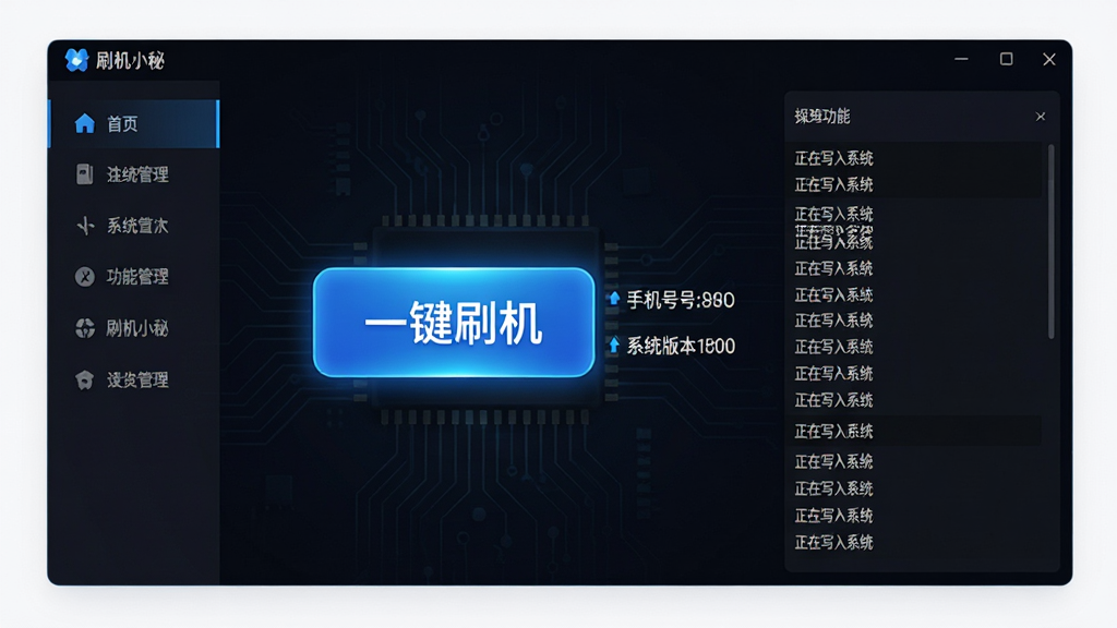 图片主体为“刷机小秘”软件的操作主界面,中央是一个醒目的蓝色“一键刷机”大按钮,旁边有手机型号与系统版本信息。布局上,左侧为功能导航栏,右侧为操作日志区。整体风格为深色科技风,按钮发光,背景有微弱的电路板纹理。细节上,日志区滚动显示“正在写入系统”等字样,画质高清,干净整洁,无多余元素。