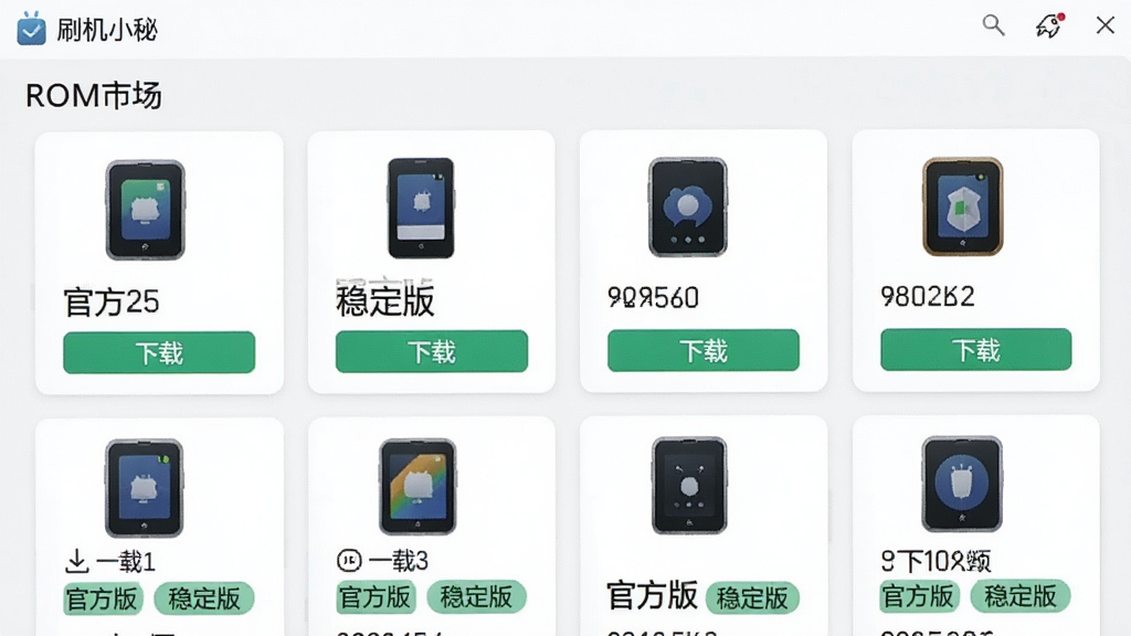 画面主体为“刷机小秘”软件的“ROM市场”页面,以卡片形式展示多款手机的ROM包,每个卡片上有系统版本号与“下载”按钮。布局采用网格排列,色彩明快,背景为白色。整体风格简洁清新,细节上,卡片下方有“官方版”、“稳定版”等绿色标签,画质细腻,干净,无多余元素。