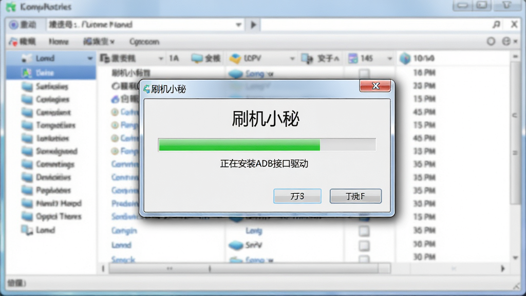 图像主体为电脑设备管理器界面截图,但经过美化处理,显示“刷机小秘”正在自动安装驱动的弹窗。布局上,弹窗位于屏幕中央,背景是模糊的设备列表。风格为写实与拟物结合,细节上,弹窗内有一个绿色进度条和“正在安装ADB接口驱动”的文字,画质清晰,干净,无多余元素。