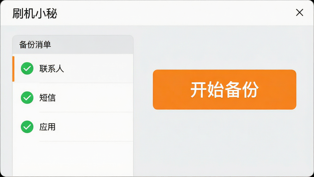 画面主体为“刷机小秘”的数据备份界面,左侧是备份项清单(联系人、短信、应用),右侧是一个大大的“开始备份”按钮。整体布局左右分明,背景为淡灰色。风格简约商务,细节上,备份项前有绿色对勾图标,按钮为橙色,画质干净,无多余元素。