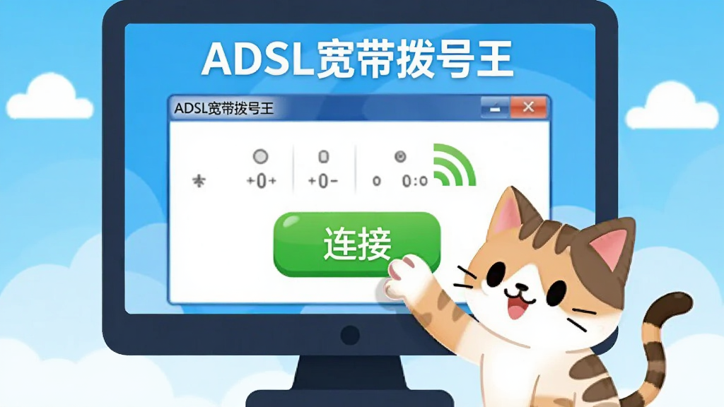 主体为电脑屏幕前一只卡通风格的小猫正用爪子点击
