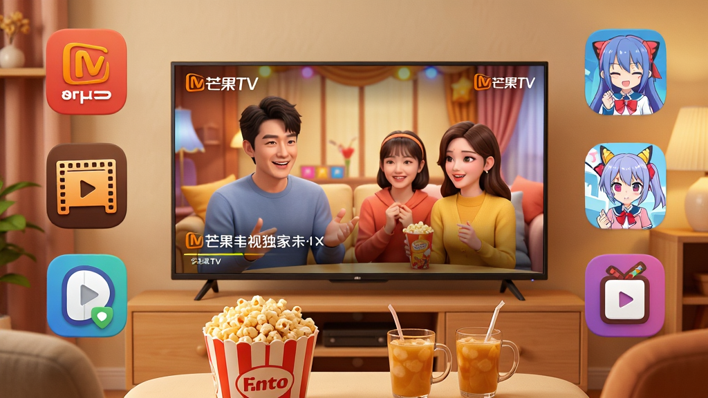 主体:电视屏幕播放着芒果TV独家综艺节目画面,屏幕前有爆米花和饮料。布局:电视居中,周围环绕着代表各类内容的图标(如综艺、电影、动漫)。排版:画面构图饱满,电视屏幕内容清晰。风格:家庭娱乐温馨风格,色彩丰富。细节:电视屏幕角落有“芒果TV”水印。画质:高清细腻,干净无多余元素。