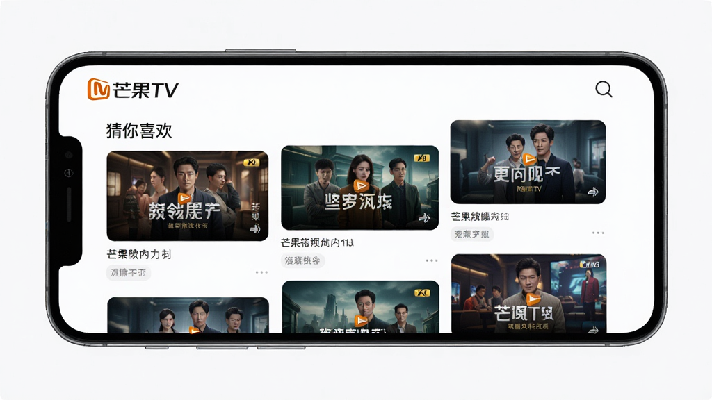 主体:手机屏幕展示芒果TV的个性化推荐页面,上面有“猜你喜欢”栏目。布局:手机横屏展示,屏幕内是瀑布流式的视频封面推荐。排版:封面图排列整齐,配有节目标题。风格:简洁现代,UI设计清爽。细节:屏幕顶部有“芒果TV”字样。画质:4K高清,干净无多余元素。
