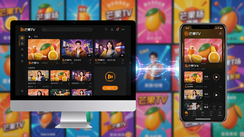 主体:芒果TV软件界面在电脑屏幕和手机屏幕上同时显示的拼合画面,背景是多彩的综艺节目海报墙。布局:左侧为PC客户端界面,右侧为手机APP界面,中间以发光连接线呼应。排版:界面缩略图清晰展示视频列表和播放按钮。风格:现代科技感,色彩鲜艳明亮,光影效果突出。细节:屏幕中显示“芒果TV”Logo,界面元素精致。画质:8K超高清,干净无多余元素。