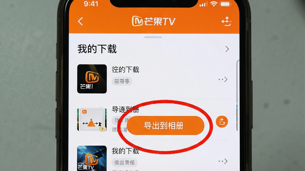 主体:一部手机屏幕显示芒果TV APP的“我的下载”页面,并用红圈标注“导出到相册”按钮。布局:手机居中,屏幕内容特写。排版:界面列表清晰,按钮醒目。风格:教学指导风格,简洁明了。细节:屏幕上方有“芒果TV”字样。画质:高清,干净无多余元素。
