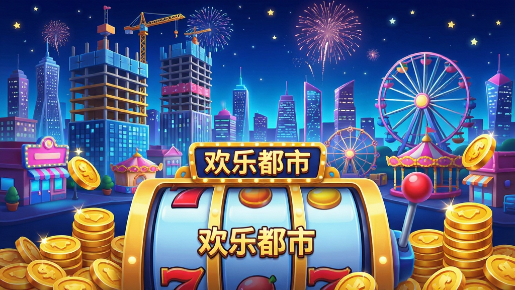 主体:欢乐都市游戏主界面,霓虹闪烁的现代都市全景,前景是巨大的推币机台与散落金币,中景是正在建造的摩天大楼与游乐场,背景是璀璨夜空与烟花。布局:采用平视视角,推币机台位于画面下三分之一处,城市建筑群沿地平线延展,形成纵深感。排版:画面色彩丰富,金色、蓝色与粉色为主色调,灯光效果突出,金币反光清晰可见。风格:明快卡通风格,细节精致,光影柔和,充满欢乐氛围。细节:推币机台上显示“欢乐都市”字样,金币堆叠层次分明,远处摩天轮缓缓转动。画质:8K超清渲染,画面干净无噪点,无多余元素。