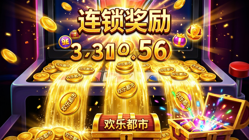 主体:游戏内触发连锁反应的高潮时刻,大量金币如瀑布般从推币机台边缘倾泻而下,屏幕上闪烁着“连锁奖励”特效字样。布局:特写镜头聚焦在推币机台的金币层,上方是掉落中的金币,下方是正在收集的奖励宝箱。排版:金色光芒四射,连击数字与奖励图标在空中浮现,动感十足。风格:华丽炫酷的特效风格,粒子效果丰富,色彩对比强烈。细节:金币上刻有“欢乐都市”字样,宝箱开启时迸发出彩色光点。画质:高动态范围渲染,画面明亮清晰,无多余元素。