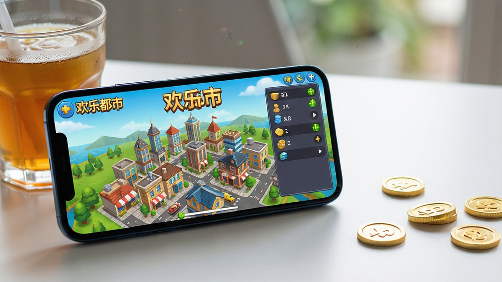 主体:一部智能手机横屏运行欢乐都市游戏,画面显示城市全景与资源面板,手机旁摆放着一杯饮料。布局:手机位于画面中央偏左,屏幕内容清晰可辨,右侧留白处有散落的几枚金币作为点缀。排版:构图简洁,手机屏幕的亮度与周围环境形成对比,突出游戏画面。风格:写实与游戏画面结合的展示风格,光线自然。细节:手机屏幕上显示“欢乐都市”的标题,城市建筑群错落有致。画质:高清实拍质感,画面干净,无多余元素。