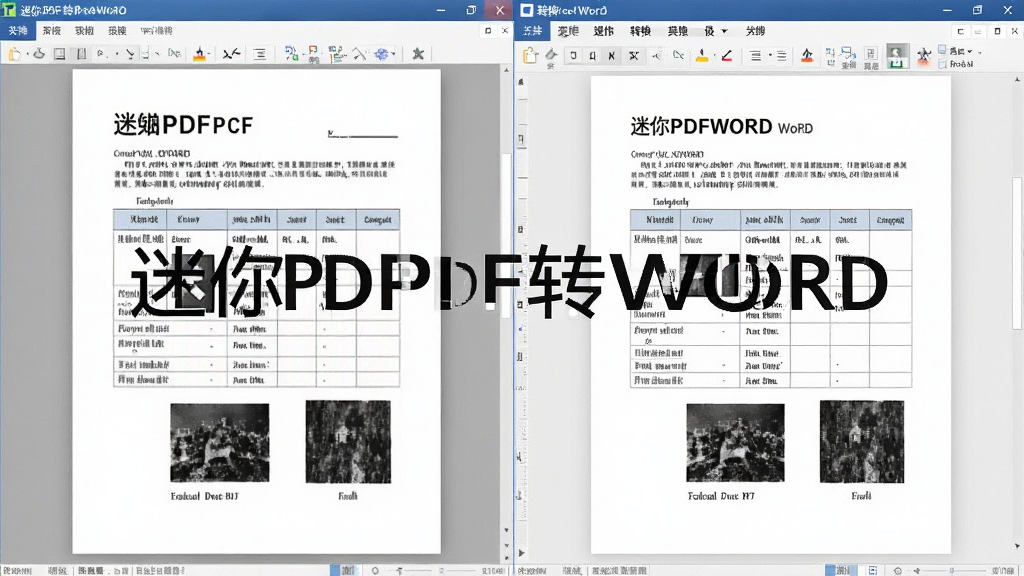 展示迷你PDF转WORD软件转换效果的对比图,左侧为原始PDF文件,右侧为转换后的Word文档,两者排版完全一致,文字清晰,表格规整,图片位置准确,画面干净,突出软件名称“迷你PDF转WORD”水印