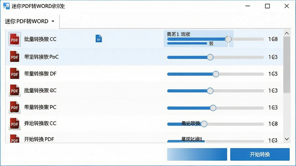 一张迷你PDF转WORD软件批量转换功能界面截图,界面中列出了多个PDF文件,转换进度条正在运行,文件列表下方有“开始转换”按钮,整体界面简洁明了,色彩以白色和蓝色为主,画质清晰,无多余元素